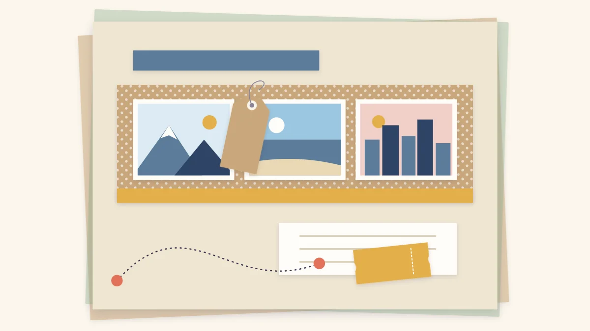 A travel scrapbook page with three scenic photo placeholders, a kraft tag, a ticket-shaped strip and a dotted route line