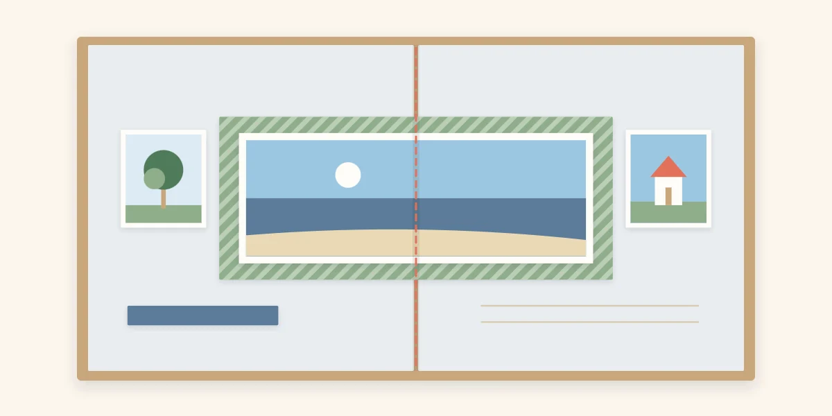 A two-page spread with a photo block crossing the center gutter, split along a dashed line