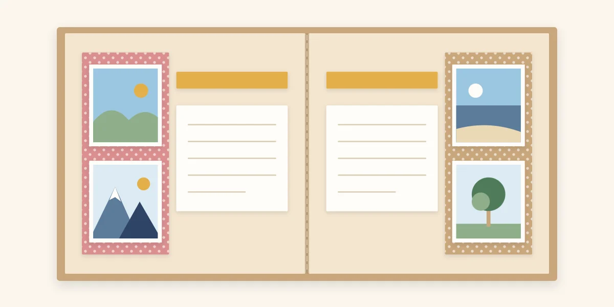 A mirrored two-page spread with photo columns on the outer edges and journaling blocks inside
